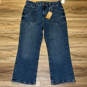 Kensie Savannah High Rise Crop Flare Jeans Women 14 32 Blue NWT Raw Hem